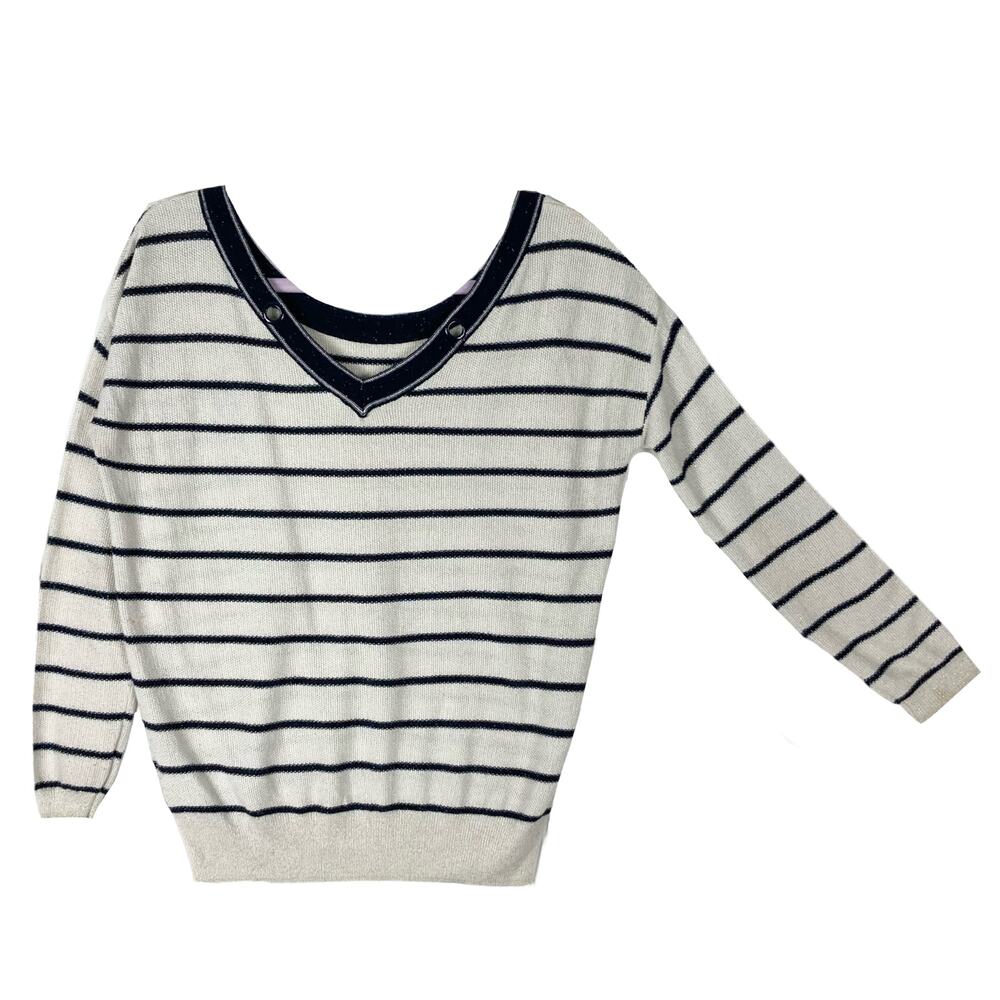 ELLE Sweater S White Navy Glittery Striped V Neck Ring-Accents Long-Sleeve